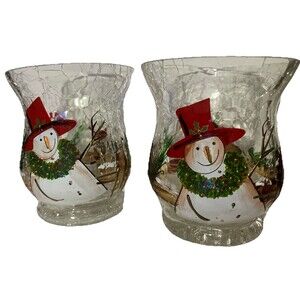 2 Yankee Candle Snowman Winter Crackle Glass Votives set Tealight Holiday XMas